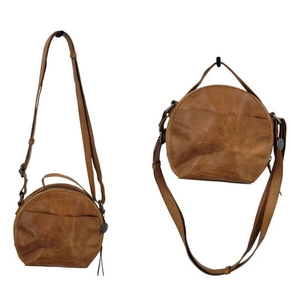 Lucky Brand Round Camel Brown Genuine Leather Top Handle Crossbody Bag Boho Chic - Picture 1 of 14